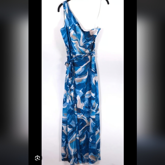 NWOT Nicole Miller Blue and White Satin One-Shoulder Maxi Dress - Picture 3 of 7